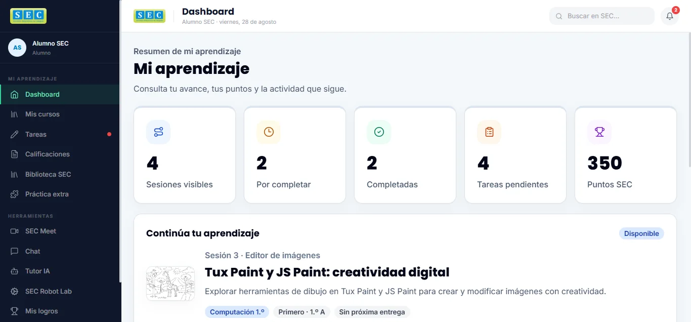 Dashboard real del alumno en SEC Aula Digital