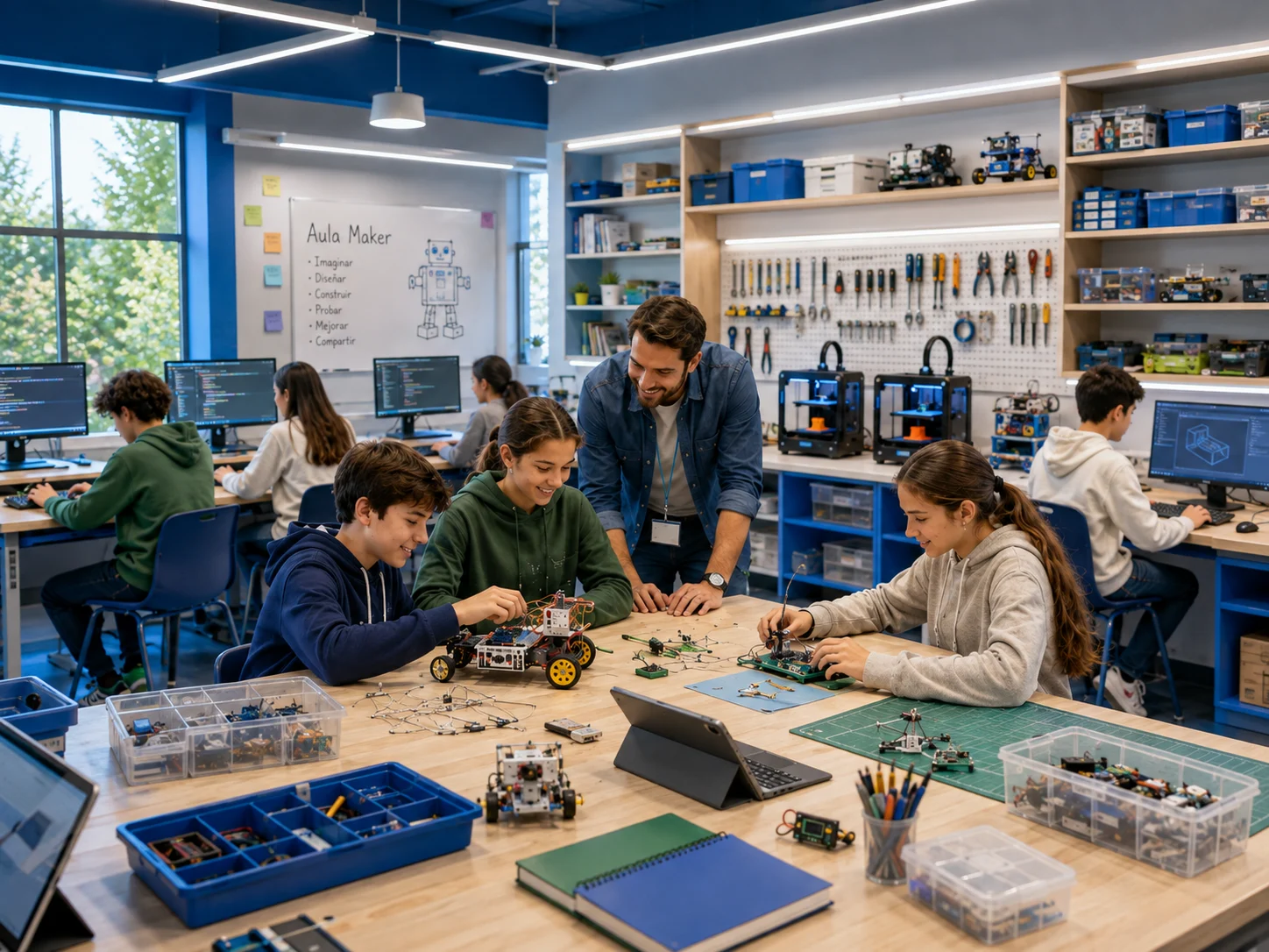 Imagen conceptual de una Aula Maker SEC integrada a sala de cómputo, con estantes de robótica, herramientas e impresoras 3D