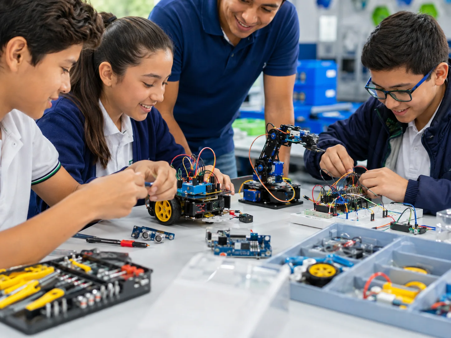 Imagen conceptual de estudiantes ensamblando prototipos de robótica